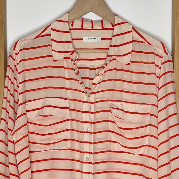 SOLD Equipment Femme Orange Striped Silk Shirt Blouse Top Size L Long Sleeve - Picture 3 of 12